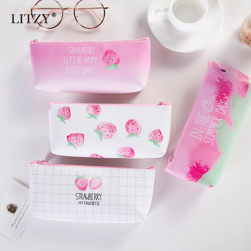 Kawaii PU большой чехол для карандашей клубника студенческий подарок школьная