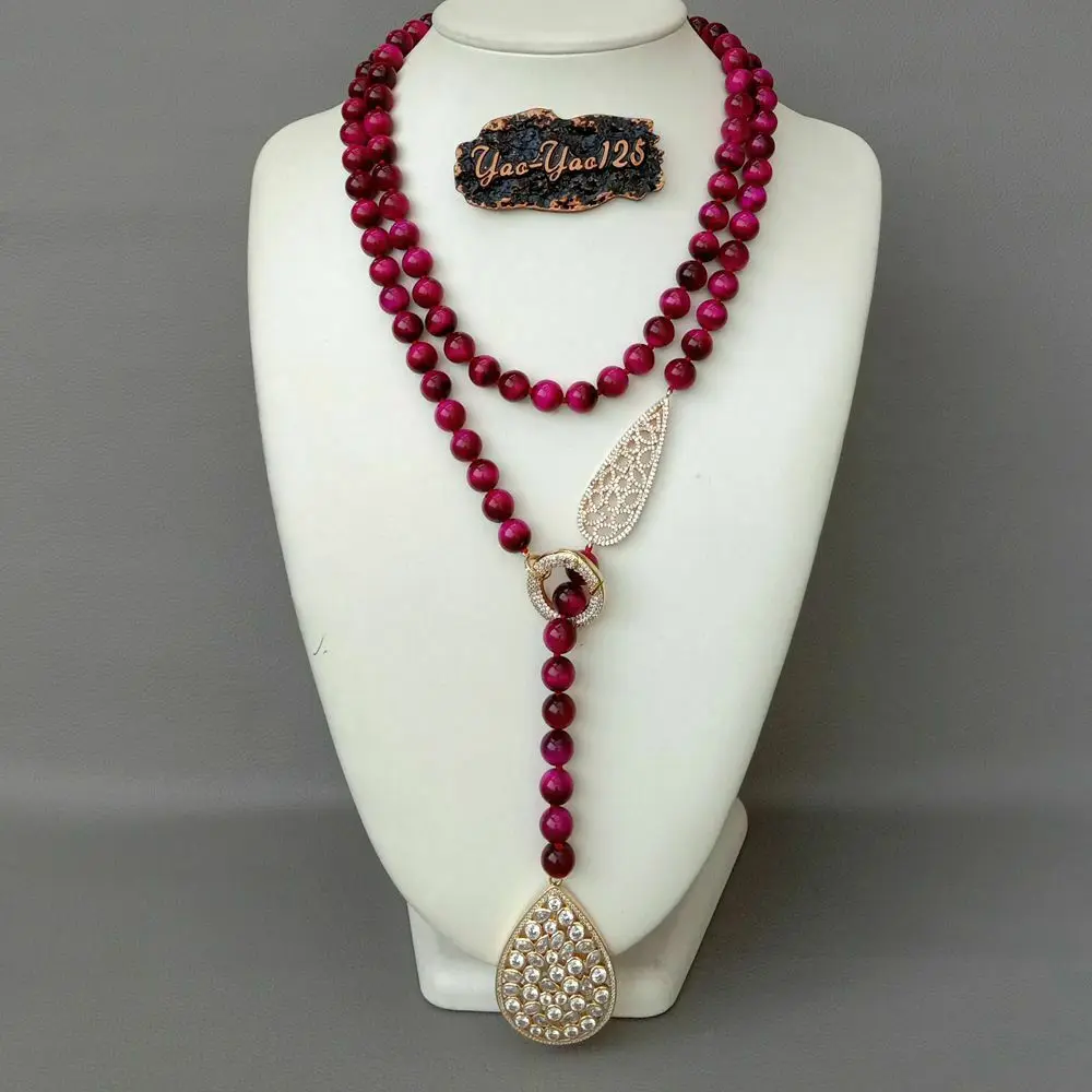 

10mm Fuchsia Tiger Eye Long loop Necklace Cz pave pendant 48''