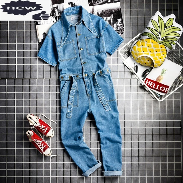 Men Denim Jumpsuit Detachable Jeans Overalls Casual Slim Rompers Cowboy  Trousers