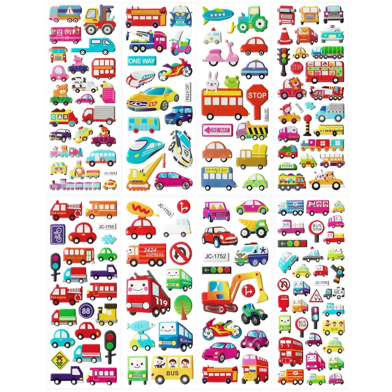 8 Different Sheets Cartoon Traffic Car DIY Stickers Toys PVC Scrapbook Children Diary Notebook Decoration Gifts Education Toy | Игрушки и