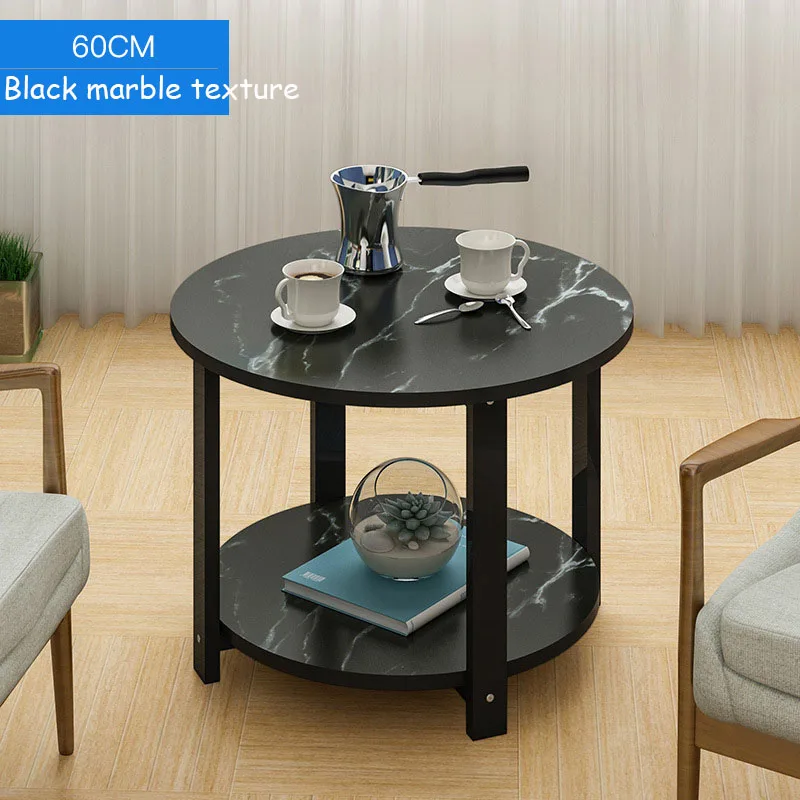 Wooden Coffee Table Marble Texture Simple Smart 2 Layers Round Sofa Side Tea Table for Living Room Bedroom Furniture