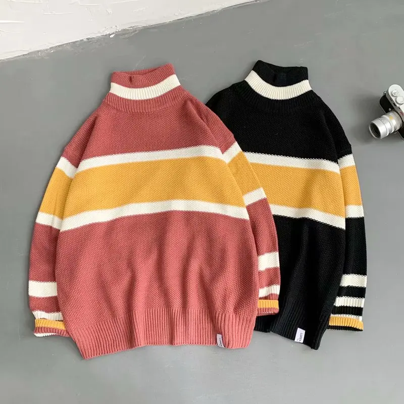 

Knitted Sweater Casual Autumn Winter Clothes Turtleneck Men's Sweater Large Size Korean Style Striped Men Sweaters 2020