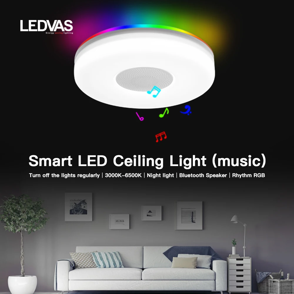 Luz LED de techo inteligente con Altavoz Bluetooth, brillo frío y cálido, 3000K-6500K, adecuado para dormitorio cuadrado 5-10, baño de estudio