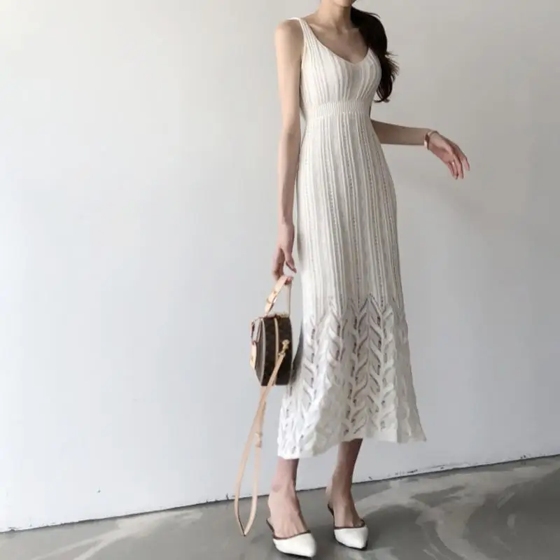 

2019 New Style Western Style Camisole Dress Women's Elegant Viscose Knitted Dress Hollow out Slim Fit Slimming Skirt