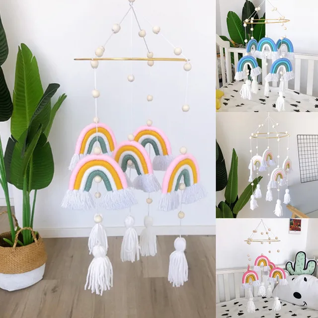 OOTDTY Nordic Style Handmade Weaving Rainbow Wall Hanging Decor Toys Baby Rattle Mobile Crib Toy Kids Room Decor Nursery Decor 1