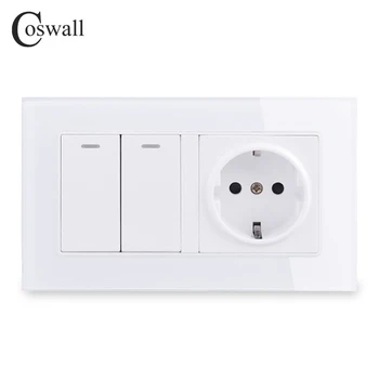 

COSWALL Glass Panel EU Wall Socket Grounded + 2 Gang 2 Way Pass Through On / Off Stair Light Switch Switched Rocker Switch