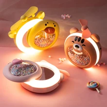Cartoon Multifunction portable fans led light with Makeup mirror power bank built-in battery usb rechargeable waterproof