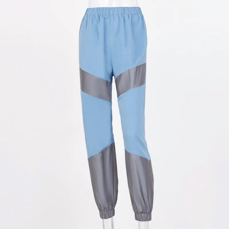 Светоотражающие спортивные брюки осень зима женские Jogger с высокой талией, из лоскутов спортивные брюки уличная праздничная одежда брюки - Цвет: Синий