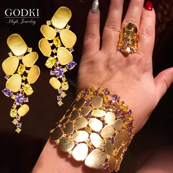 

GODKI 2020 New Charms 3PC Bracelet Ring Earring Set For Women Wedding Bridal Cubic Zircon Dubai PARTY WEDDING Jewelry BOHO 2020