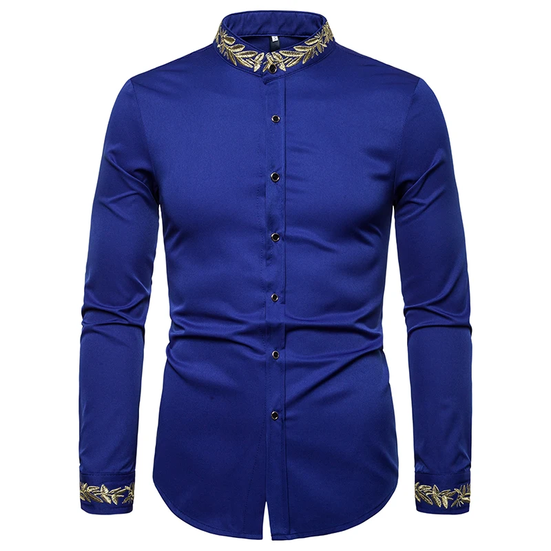 Бренд Для мужчин рубашка большого размера модная Генри воротник с цветочной аппликацией; платье для торжественных событий рубашка Slim Fit Повседневное длинный рукав сплошной цветной, высокого качества рубашки ЕС Размеры - Цвет: Royal Blue Shirt