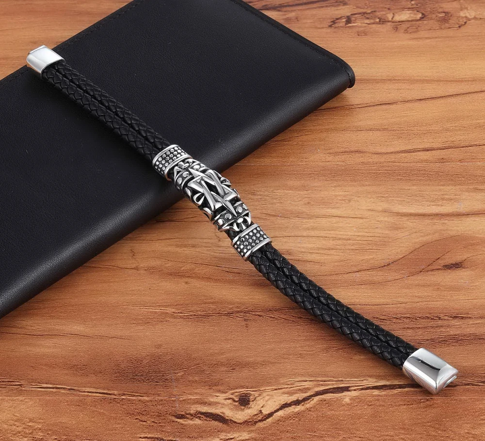 TYO Classic Men Jewelry Leather Bracelets Stainless Steel Bracelets Black Rope Chain Fashion Wristband for Male Magnet