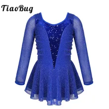 TiaoBug блестящее бархатное платье для фигурного катания с длинными рукавами и серебряными блестками для девочек гимнастический костюм трико для балета и танцев