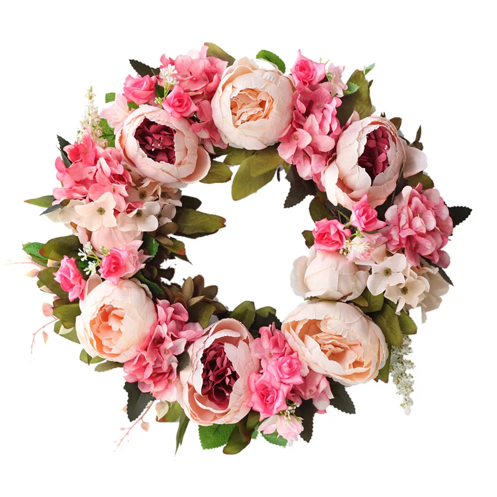 

Artificial Rose Flowers Door Knocker Simulation Silk Wreath Foam Straw Garland Wedding Decoration Home Party Decor Flores Round