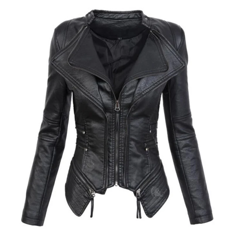 Черная Женская куртка, Классическая осенне-Весенняя однотонная верхняя одежда, пальто с отворотом, кожаное тонкое короткое пальто на молнии с длинными рукавами, байкерское
