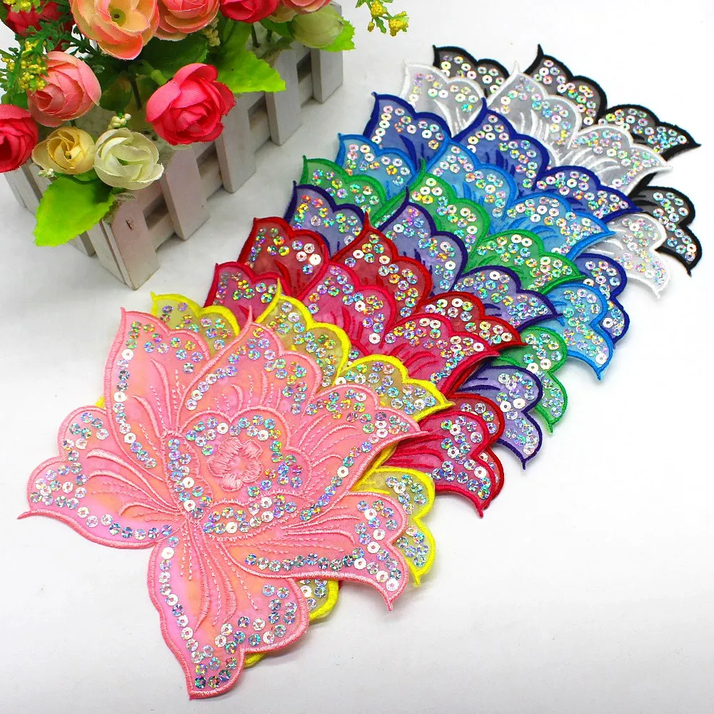 Iron on Patches Sequined Appliques Flower Rose Sequin Embroidered Trims Peony 13*17CM