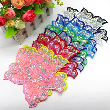 

Iron on Patches Sequined Appliques Flower Rose Sequin Embroidered Trims Peony 13*17CM