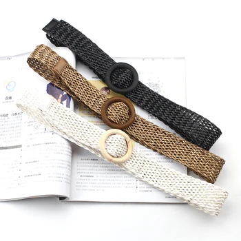 

Sale 4.2*100cm Wooden Button Belt For Women Elastic Straw Belt Decoration for Dress Belt Casual Female Belt Accessories