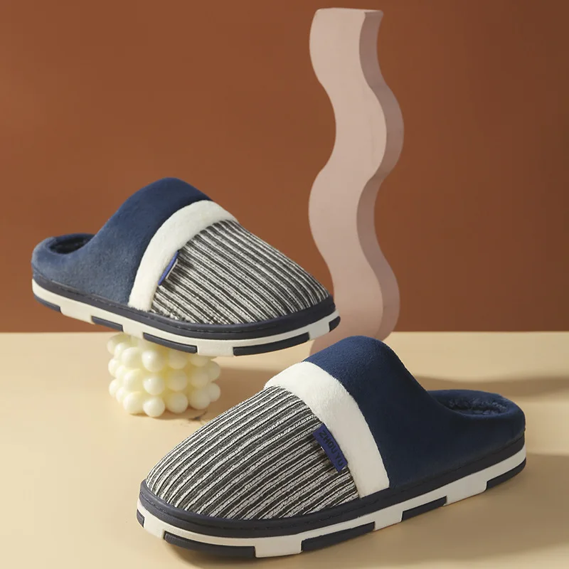 

Female And Male Cotton Slippers Women Winter Warm Couple Indoor Slipper Men Household Stripe Pattern Simple Slipper Men's Shoes