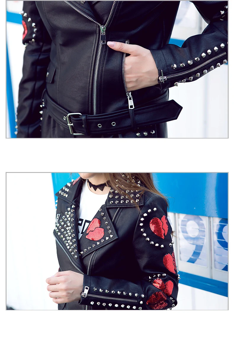 Черная кожаная женская куртка в стиле панк с блестками и заклепками,, тонкая короткая женская куртка из искусственной кожи, мотоциклетная кожаная куртка, chaquetas de cuero