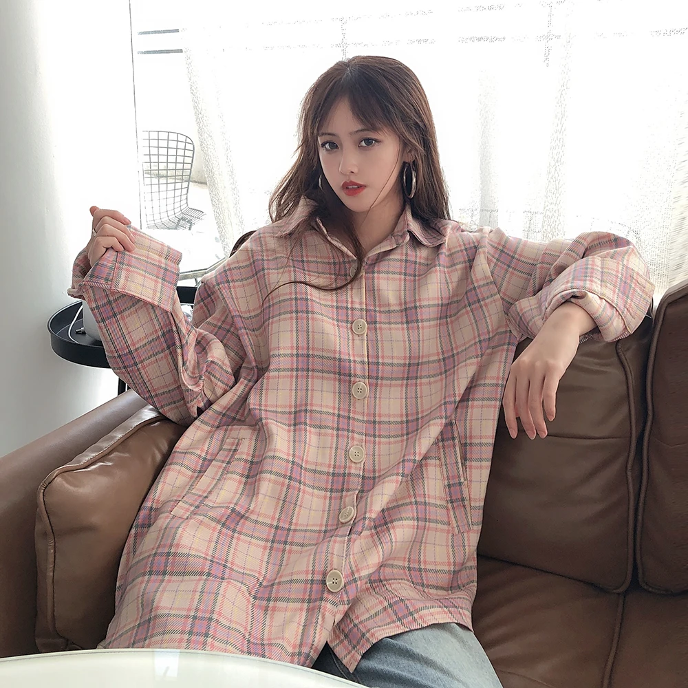 Осень 2019 корейский стиль свободный большой размер клетчатая блузка женская