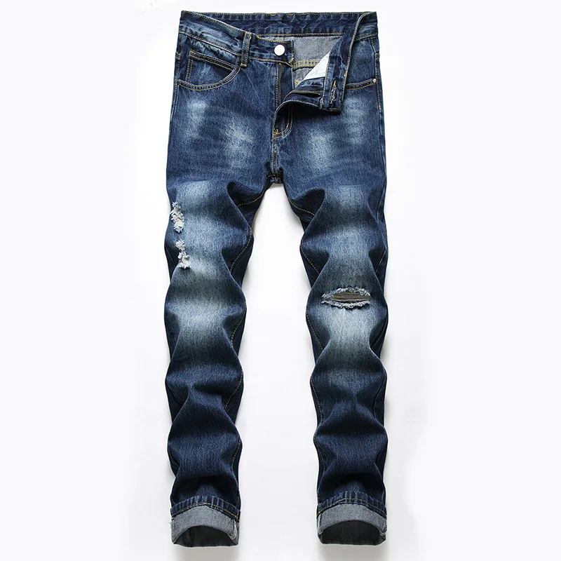 

New European Brand Men's Fashion Jeans Quality Male Slim Denim Trousers Navy Blue Hole Wear-resistant Classic Casual Pants