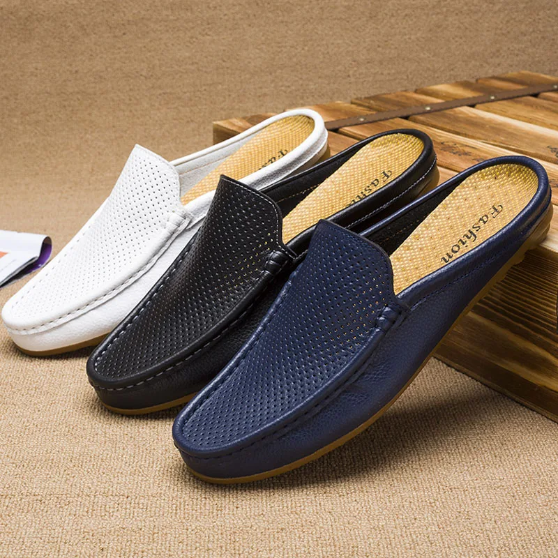 

Plus Size 46 Genuine Leather Loafers for Men Slippers Mens Shoes Casual Comfortable Flat Shoes Fashion Men Shoes Summer Leather