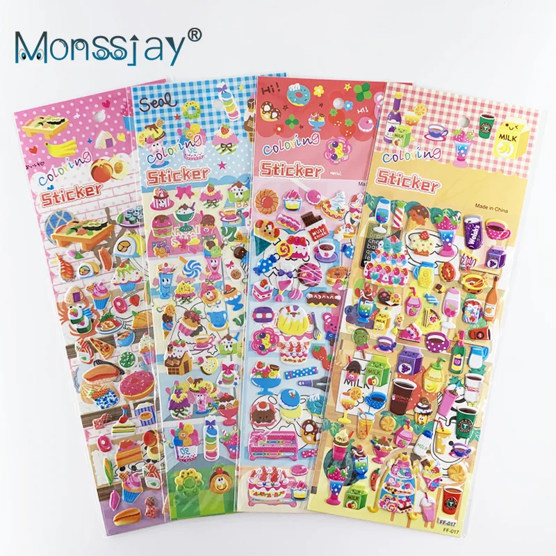 4 Sheets/Set Candy Cake Food Drink Stickers Children Cartoon 3D Bubble Foam Sticker for Kids DIY Scrapbook Notebook Decoration 7 rolls set day of the week rotation label food 1 x inch dissolvable removable sticker roll 500 monday to sunday