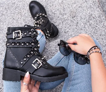 

[GOGD]Women Black Ankle Boots Buckle Strap Rivet Shoes Female Pu Motorcycle Punk кроссовки женские
