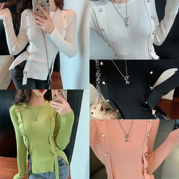 

A633 # Sweater Double Breasted Crew Neck Solid Color South Korea Pullover Elasticity Slimming Button Long Sleeve Base Shirt Tops