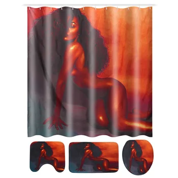 

African American Women with Crown Shower Curtain Afro Africa Girl Queen Princess Bath Curtains with Rugs Toilet Seat Cover 4 Set