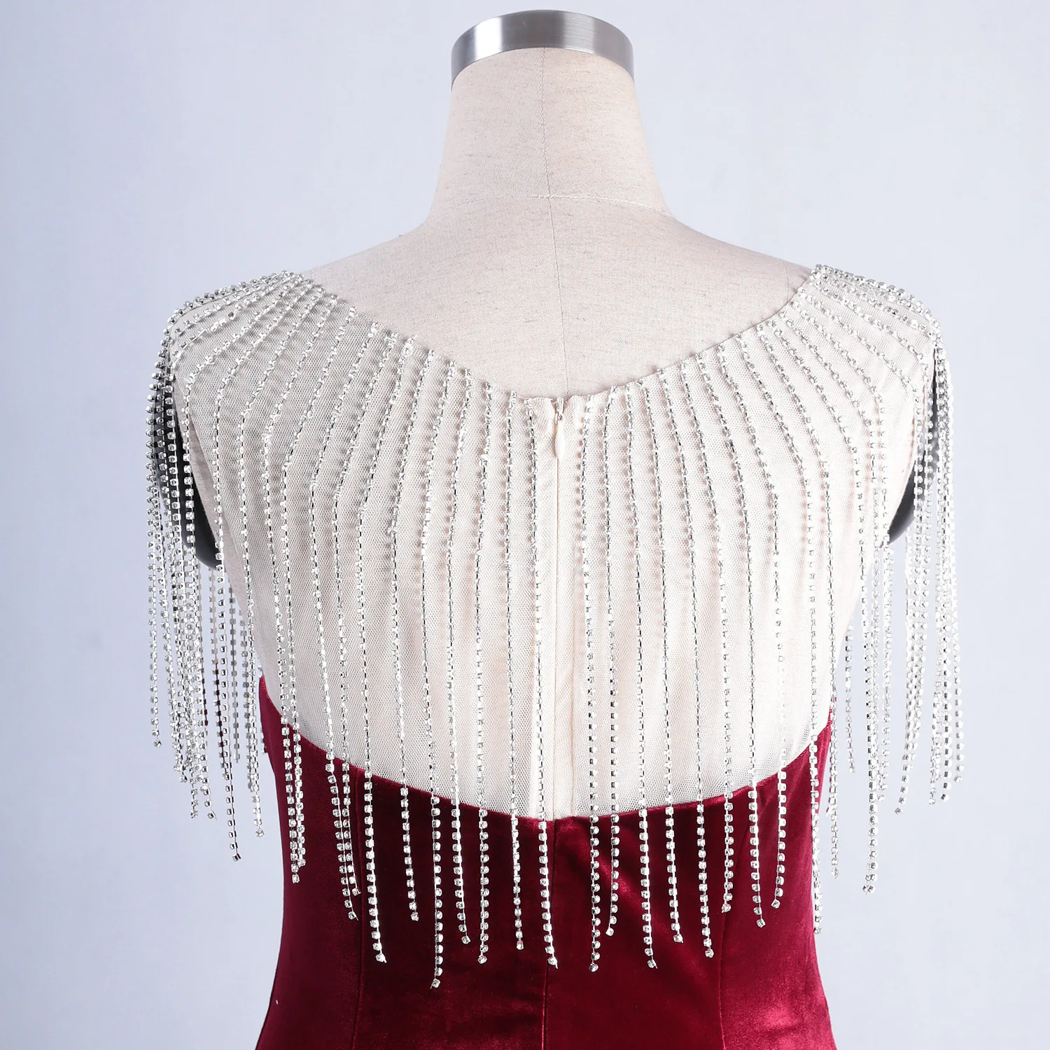 Халат De Soiree Бургундия бархат Русалка вечернее платье Элегантный vestido de festa Пром платье кисточкой Бисероплетение Вечерние платья Длинные