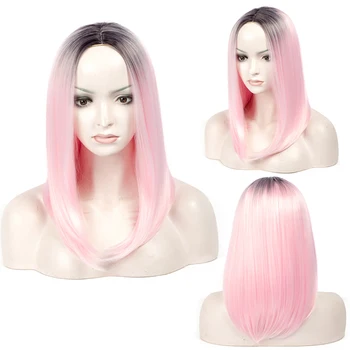 

SHUOHAN 45cm Synthetic BOB Ombre Black Pink Straight Wig For Women Heat Resistant Fiber High Temperature Cosplay Medium SX170