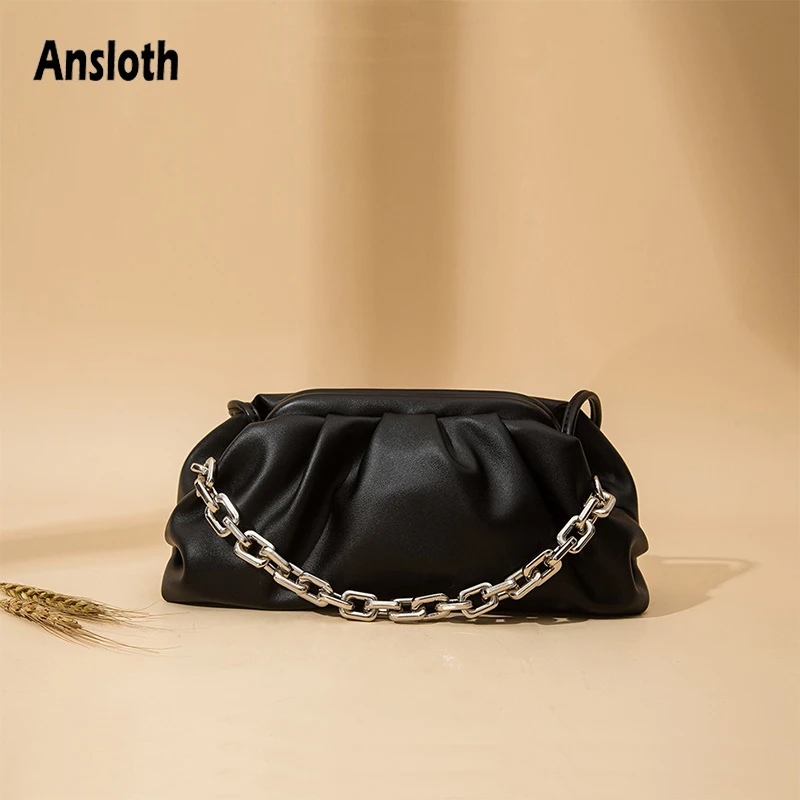 

ANSLOTH Pleated PU Leather Shoulder Bag High Capacity Chain Crossbody Bag For Women Bag 2020 Trend Lady Cloud Bag Vintage HPS916