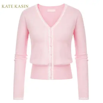 

Kate Kasin Knitted Sweater Cardigan Women Contrast Color Ribbed Hemline Knitwear Long Sleeve V-Neck Button Placket Cadigan Tops