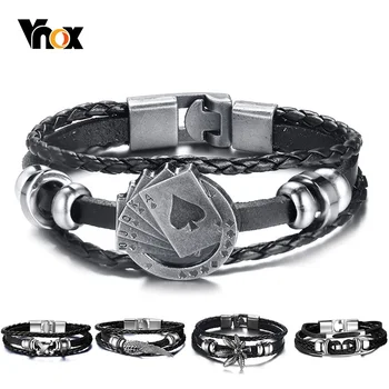 Vnox Lucky Vintage Men’s Leather Bracelet Playing Cards Raja Vegas Charm Multilayer Braided Women Pulseira Masculina 7.87″