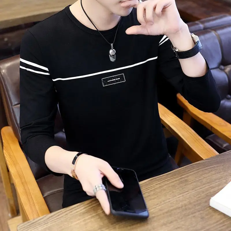 Men's O-neck Pullovers Long Sleeve T-Shirt Solid color stripe print handsome bottoming shirt |