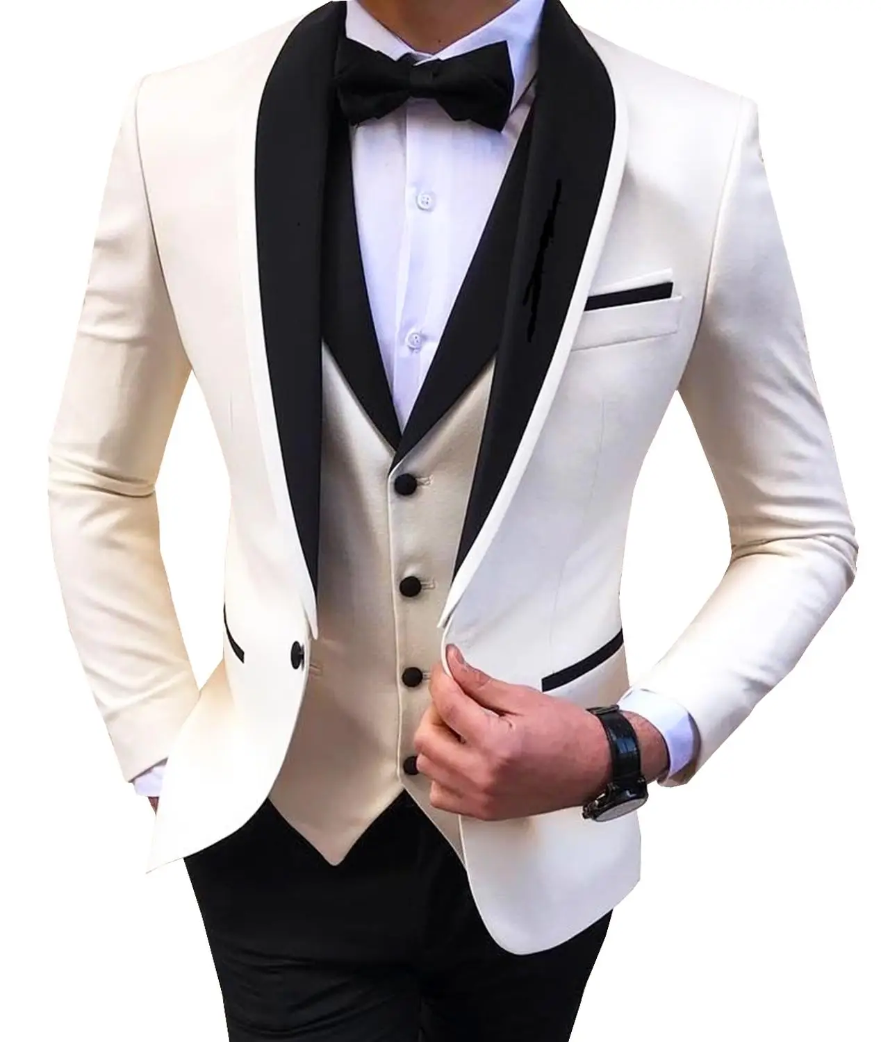 Men Suit 3 piece White V Neck Leisure Notched Lapel Tuxedos Men Suits for Wedding (Jacket+Pants+Vest)