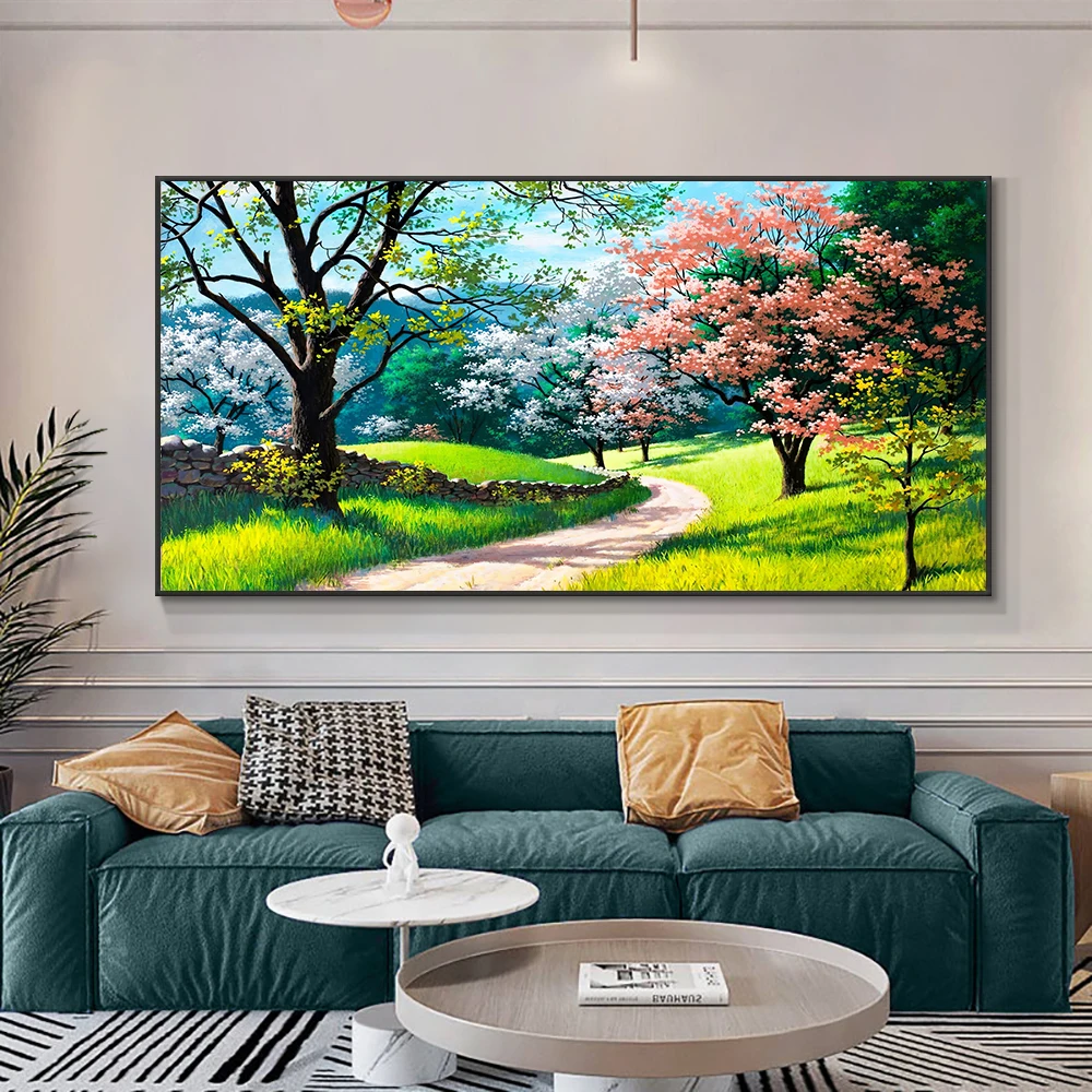 Pintura al óleo sobre lienzo de árboles verdes, cuadro de flores rosas,  paisaje moderno, carteles e impresiones, cuadro de pared para habitación  del hogar, 80x200cm - AliExpress Hogar y jardín