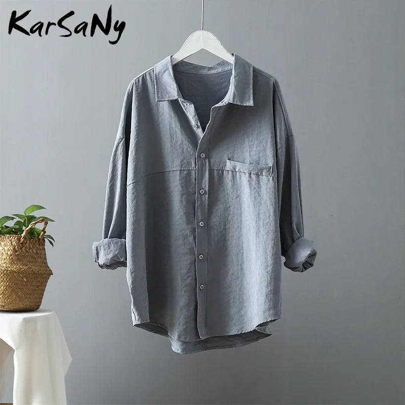 Blue gray KarSaNy/белая блузка с длинным рукавом; Женская рабочая одежда; свободная белая рубашка с воротником; женская элегантная повседневная Свободная рубашка; Blusas; сезон осень - Цвет: Blue gray