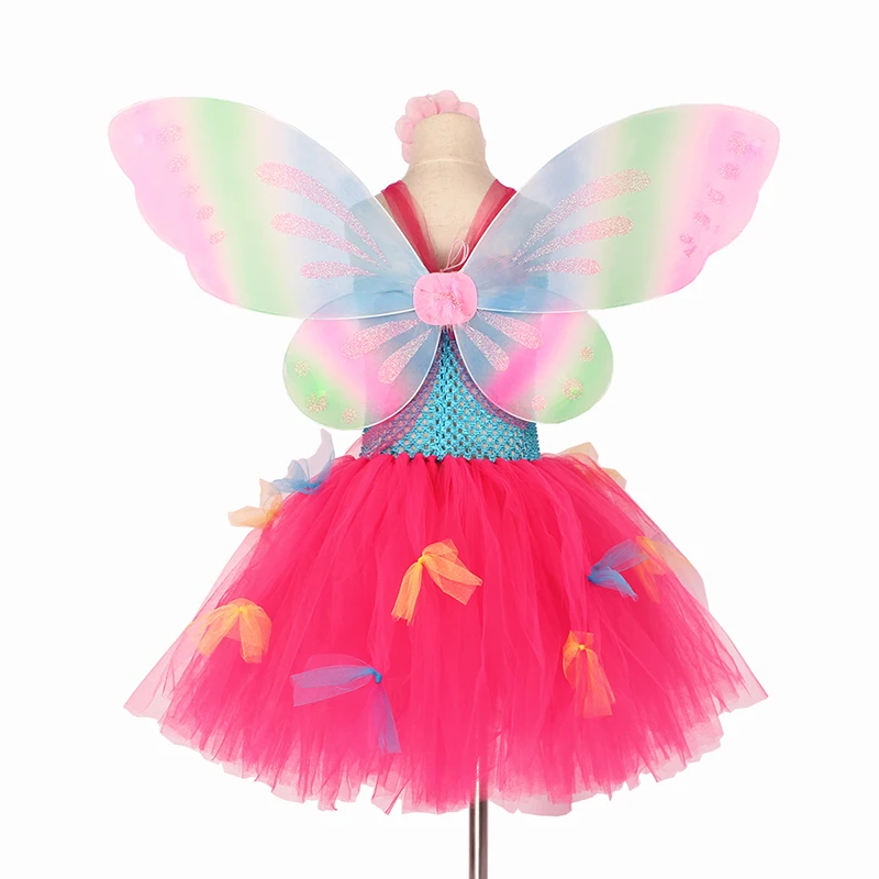 Bright Rainbow Fairy Girls Tutu Dress with Butterfly Wing Kid Pixie Party Halloween Birthday Costume Pageant Princess Dress