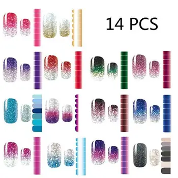 

14 Pcs Glitter Gradient Color Nail Stickers Nail Wraps Full Cover Nail Polish Sticker Diy Self Adhesive Nail Art Decoration