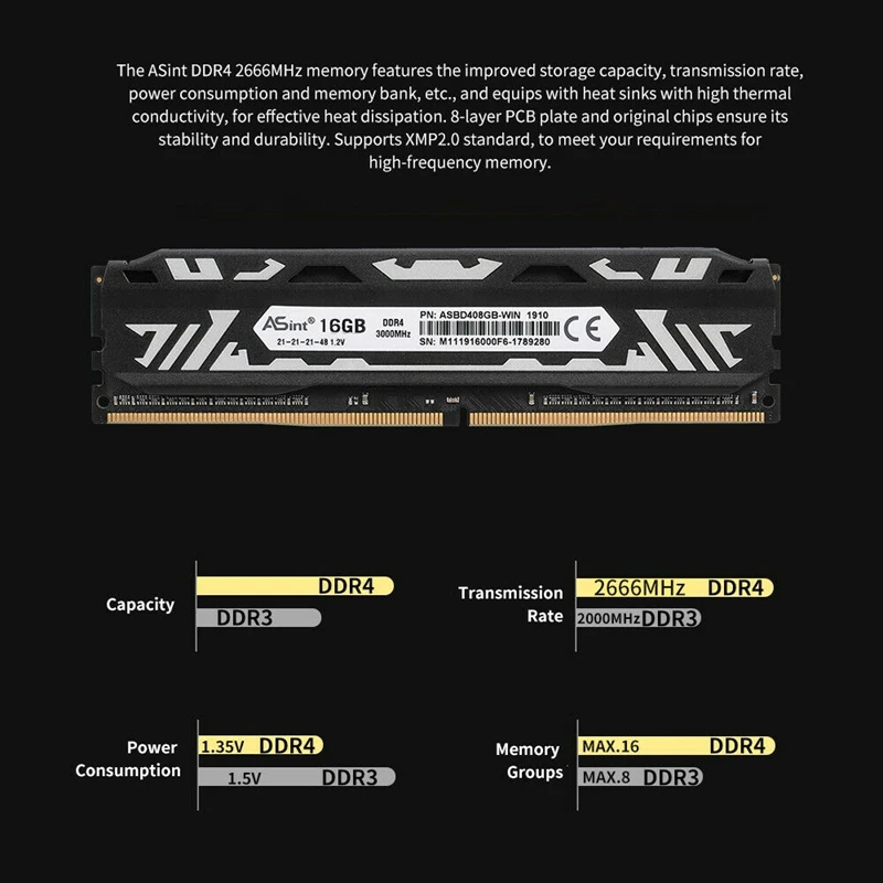 ASint DDR4 2666 МГц 16 Гб высокопроизводительный ПК Оперативная память 8-Слои PCB XMP2.0 с высоким Термальность проводимости тепла раковина память для настольного компьютера