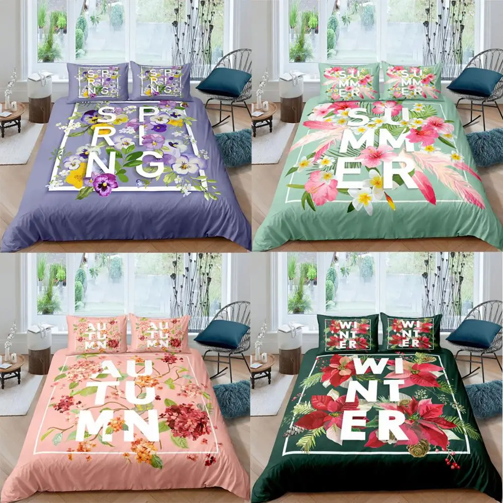 

Four Seasons Spring Summer Autumn Winter Flower Pastoral Style Simple 3D Print Quilt Cover With Pillowcase Home-Textile Bedding