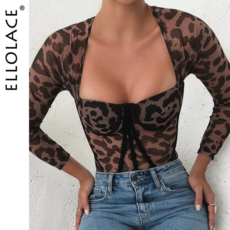 Ellolace Leopard Bodysuit Push up Body Jumpsuit Women Long Sleeve Bodycon Overalls Sexy