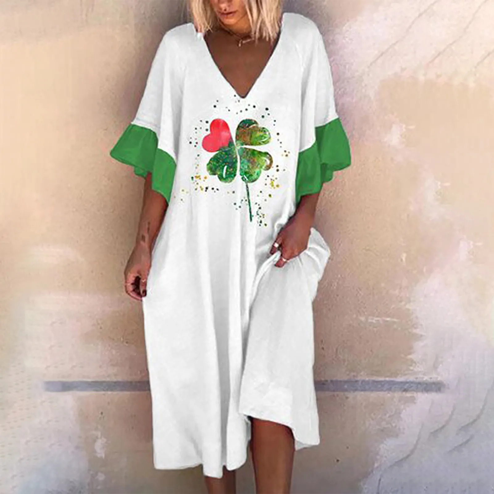 Retro Dot Print High Waist Long Dress Plus Size V-neck Printed Colorful Short Sleeve Loose Dress Cotton Temperament Vestido 2021 2