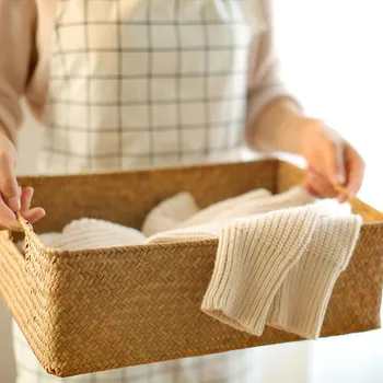 

Weaving Storage Basket Handmade Wickerwork Sundries Storage Box Seagrass Rattan Picnic Baskets Cosmetic Underwear Organizer