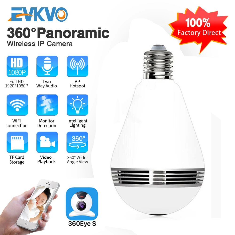 EVKVO 360 панорамная 1080 IP камера Wifi лампа беспроводная s Домашняя безопасность CCTV