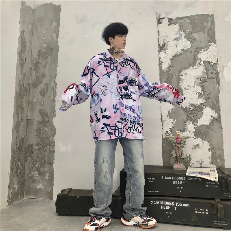 Мужская футболка с граффити, уличная Мужская Футболка Harajuku в стиле хип-хоп, осенняя Повседневная Уличная одежда с длинным рукавом, рубашка большого размера
