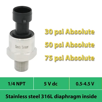 

stainless steel 316L diaphragm, pressure sensor, transmitter, 30psi 50psi 75psi absolute, 0.5 to 4.5V signal, 1 4 NPT thread