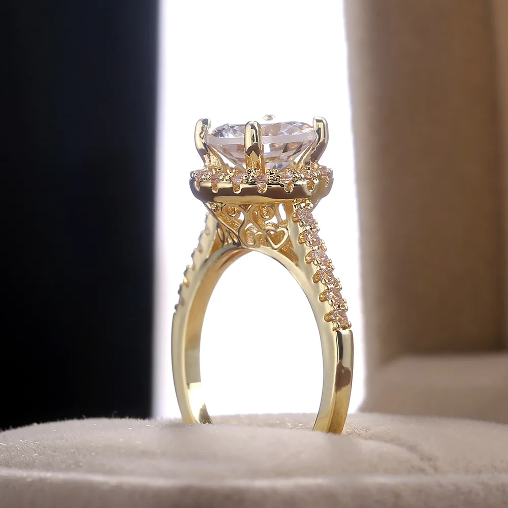 Роскошное Женское Обручальное кольцо из желтого золота с большим круглым камнем, винтажные обручальные кольца для женщин